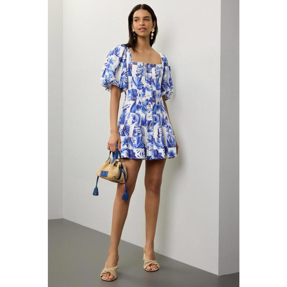 FARM Rio Off-White Garden Tiles Mini Dress Size S with Missing Buttons